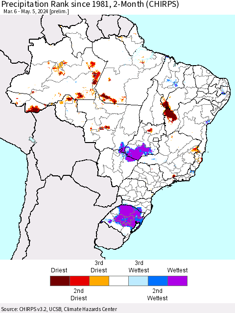 Brazil Precipitation Rank since 1981, 2-Month (CHIRPS) Thematic Map For 3/6/2024 - 5/5/2024