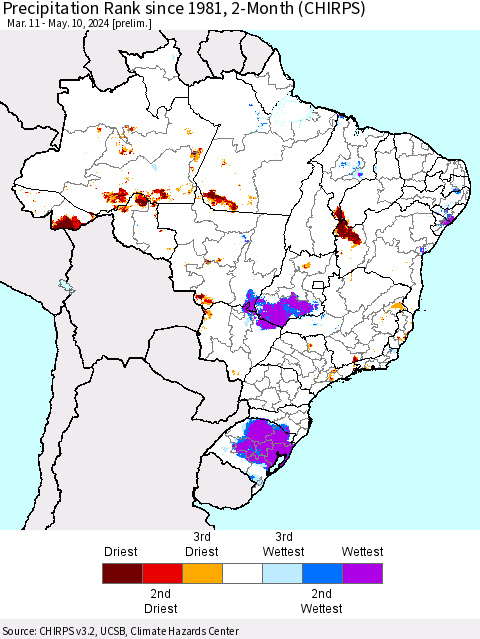 Brazil Precipitation Rank since 1981, 2-Month (CHIRPS) Thematic Map For 3/11/2024 - 5/10/2024