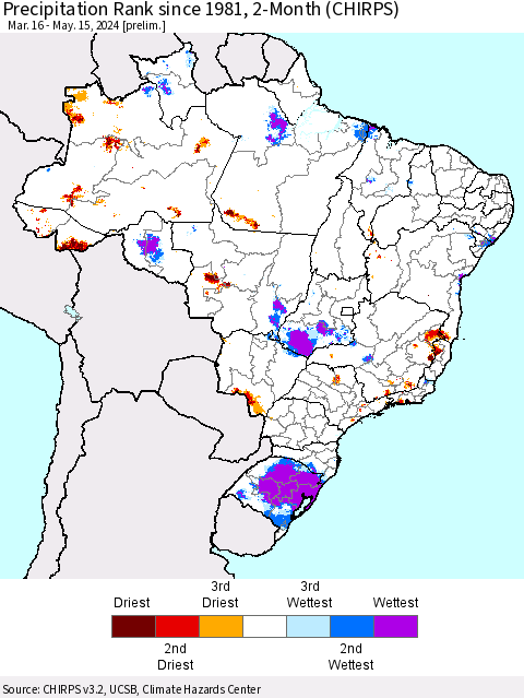 Brazil Precipitation Rank since 1981, 2-Month (CHIRPS) Thematic Map For 3/16/2024 - 5/15/2024
