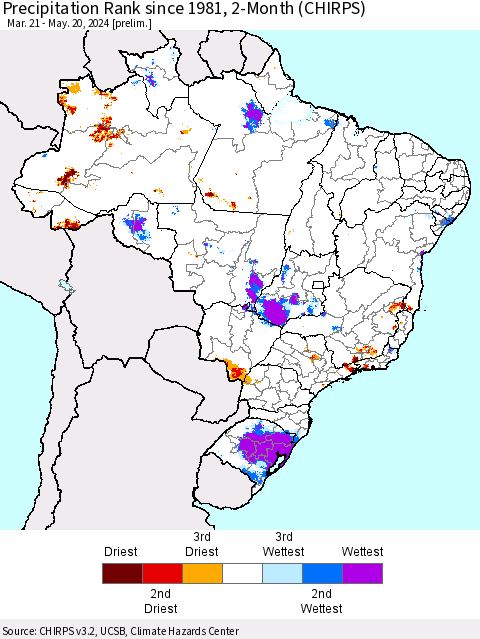 Brazil Precipitation Rank since 1981, 2-Month (CHIRPS) Thematic Map For 3/21/2024 - 5/20/2024