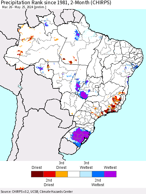 Brazil Precipitation Rank since 1981, 2-Month (CHIRPS) Thematic Map For 3/26/2024 - 5/25/2024