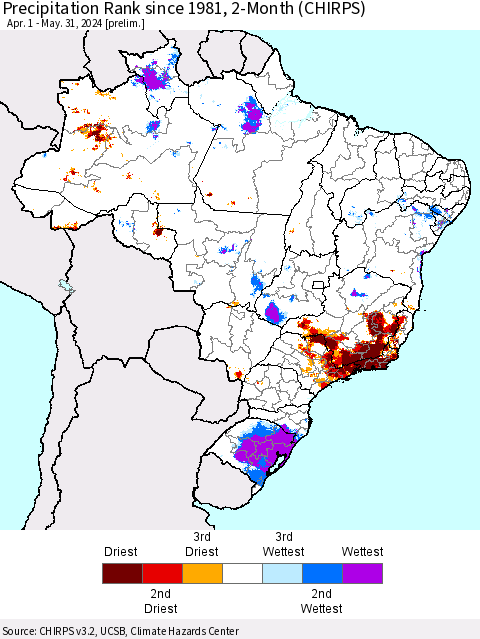 Brazil Precipitation Rank since 1981, 2-Month (CHIRPS) Thematic Map For 4/1/2024 - 5/31/2024