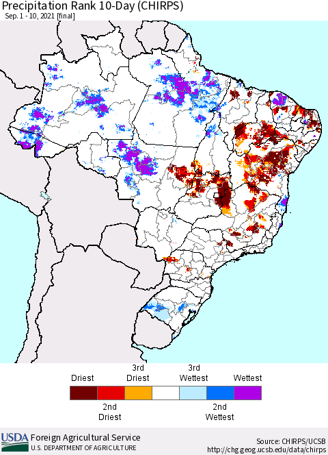 Brazil Precipitation Rank since 1981, 10-Day (CHIRPS) Thematic Map For 9/1/2021 - 9/10/2021