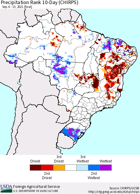 Brazil Precipitation Rank since 1981, 10-Day (CHIRPS) Thematic Map For 9/6/2021 - 9/15/2021