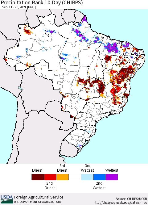Brazil Precipitation Rank since 1981, 10-Day (CHIRPS) Thematic Map For 9/11/2021 - 9/20/2021