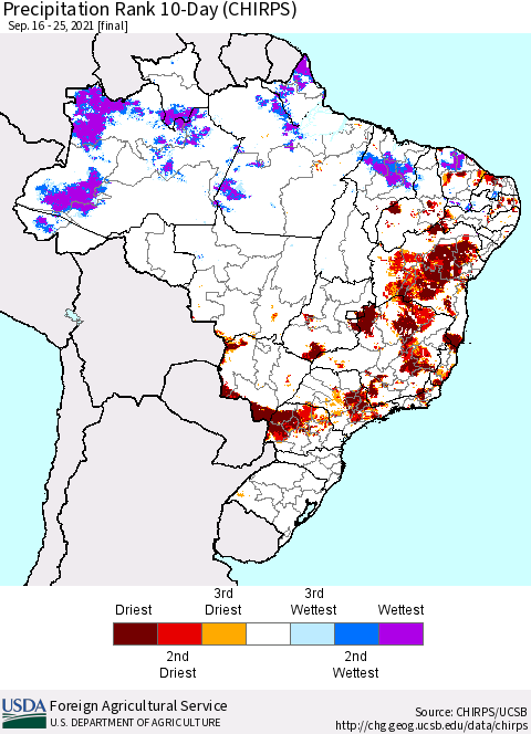 Brazil Precipitation Rank since 1981, 10-Day (CHIRPS) Thematic Map For 9/16/2021 - 9/25/2021