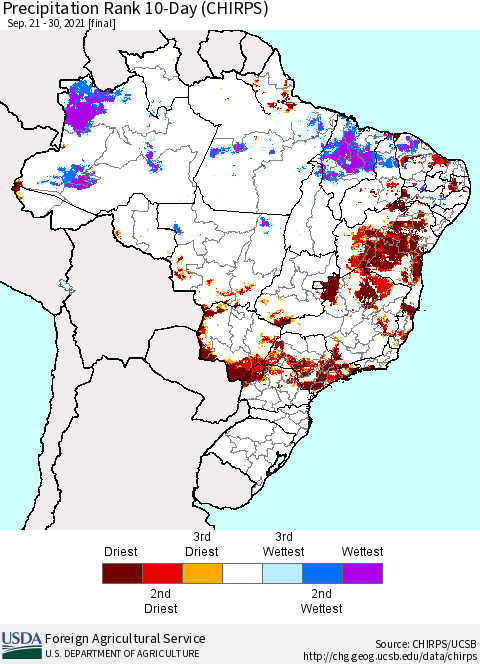 Brazil Precipitation Rank since 1981, 10-Day (CHIRPS) Thematic Map For 9/21/2021 - 9/30/2021