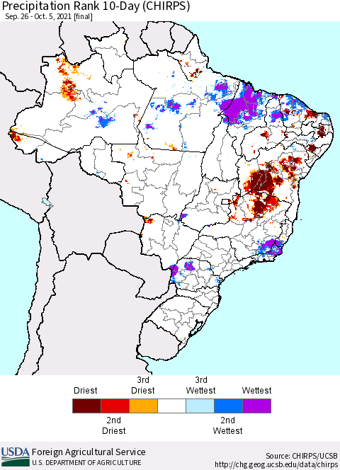 Brazil Precipitation Rank since 1981, 10-Day (CHIRPS) Thematic Map For 9/26/2021 - 10/5/2021