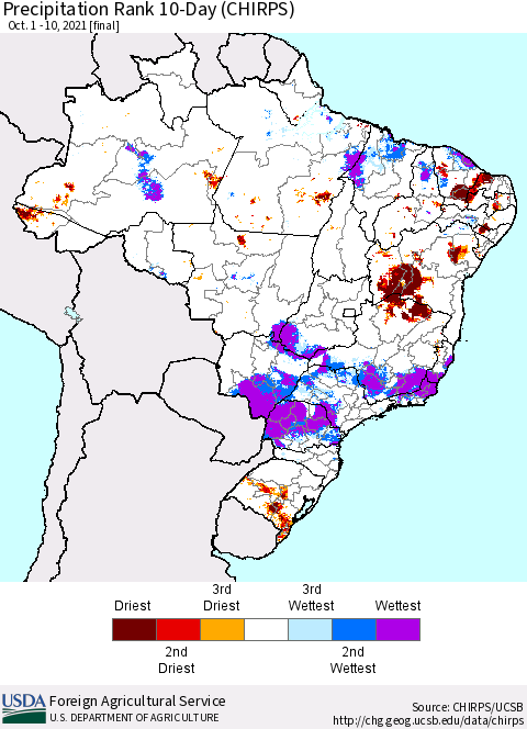 Brazil Precipitation Rank since 1981, 10-Day (CHIRPS) Thematic Map For 10/1/2021 - 10/10/2021