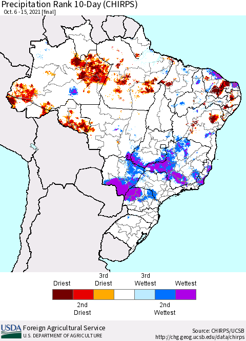 Brazil Precipitation Rank since 1981, 10-Day (CHIRPS) Thematic Map For 10/6/2021 - 10/15/2021