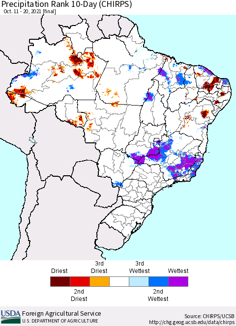 Brazil Precipitation Rank since 1981, 10-Day (CHIRPS) Thematic Map For 10/11/2021 - 10/20/2021