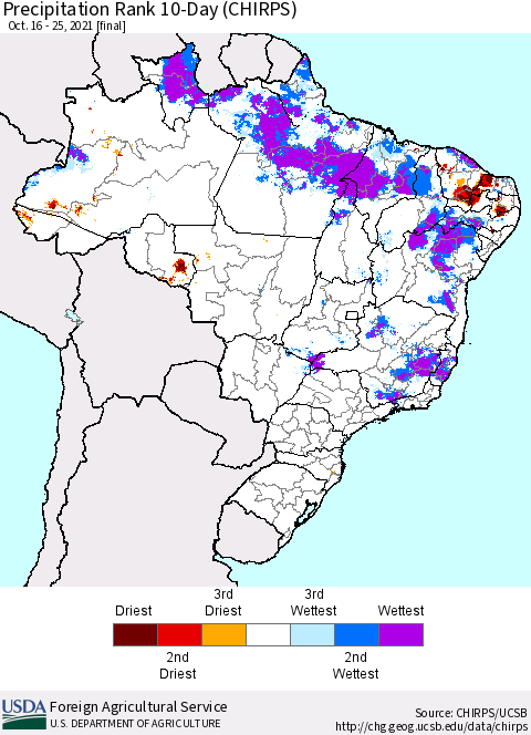 Brazil Precipitation Rank since 1981, 10-Day (CHIRPS) Thematic Map For 10/16/2021 - 10/25/2021