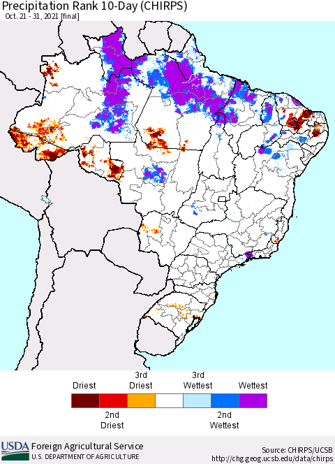 Brazil Precipitation Rank since 1981, 10-Day (CHIRPS) Thematic Map For 10/21/2021 - 10/31/2021