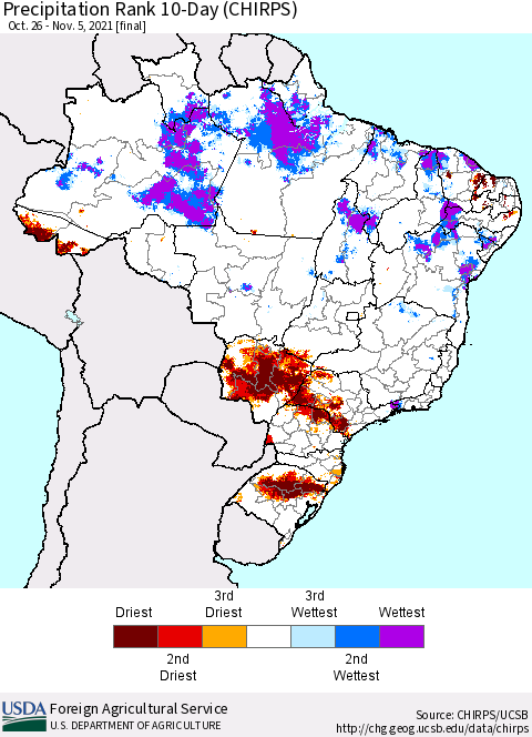 Brazil Precipitation Rank since 1981, 10-Day (CHIRPS) Thematic Map For 10/26/2021 - 11/5/2021
