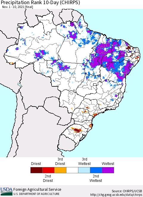 Brazil Precipitation Rank since 1981, 10-Day (CHIRPS) Thematic Map For 11/1/2021 - 11/10/2021