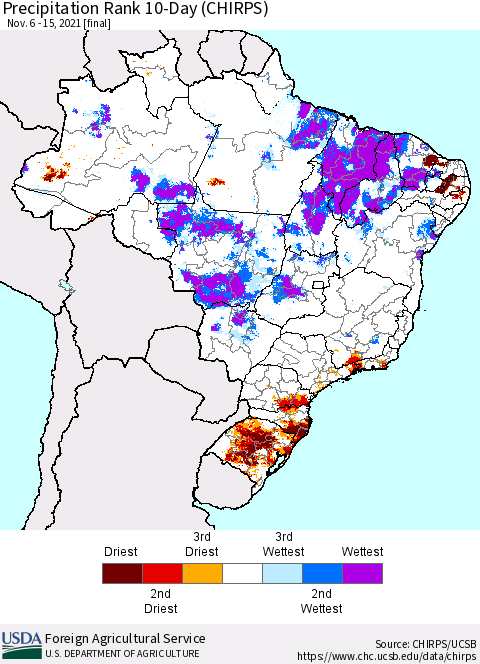 Brazil Precipitation Rank since 1981, 10-Day (CHIRPS) Thematic Map For 11/6/2021 - 11/15/2021