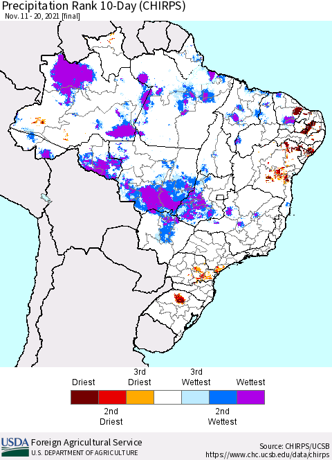 Brazil Precipitation Rank since 1981, 10-Day (CHIRPS) Thematic Map For 11/11/2021 - 11/20/2021