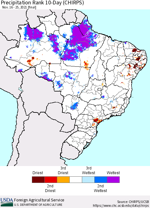 Brazil Precipitation Rank since 1981, 10-Day (CHIRPS) Thematic Map For 11/16/2021 - 11/25/2021