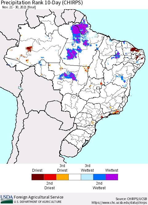 Brazil Precipitation Rank since 1981, 10-Day (CHIRPS) Thematic Map For 11/21/2021 - 11/30/2021