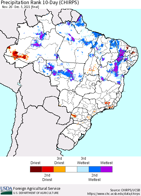 Brazil Precipitation Rank since 1981, 10-Day (CHIRPS) Thematic Map For 11/26/2021 - 12/5/2021
