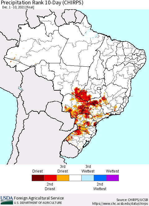 Brazil Precipitation Rank since 1981, 10-Day (CHIRPS) Thematic Map For 12/1/2021 - 12/10/2021