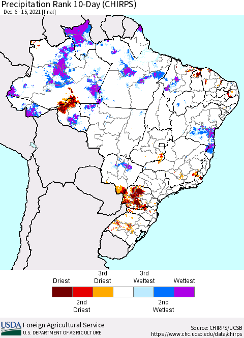Brazil Precipitation Rank since 1981, 10-Day (CHIRPS) Thematic Map For 12/6/2021 - 12/15/2021