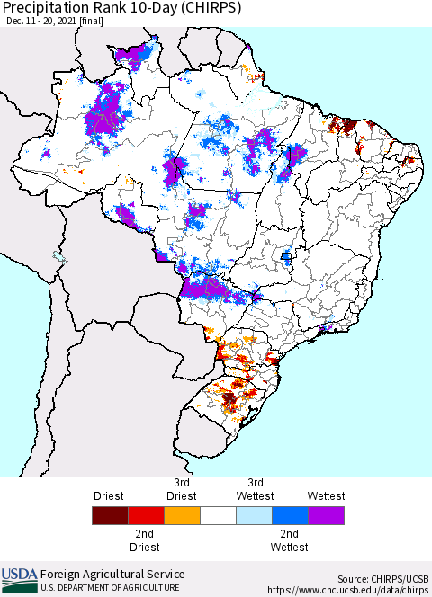 Brazil Precipitation Rank since 1981, 10-Day (CHIRPS) Thematic Map For 12/11/2021 - 12/20/2021