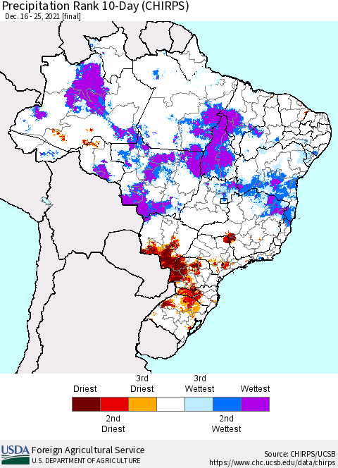 Brazil Precipitation Rank since 1981, 10-Day (CHIRPS) Thematic Map For 12/16/2021 - 12/25/2021