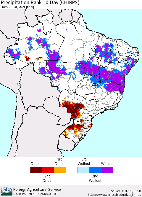 Brazil Precipitation Rank since 1981, 10-Day (CHIRPS) Thematic Map For 12/21/2021 - 12/31/2021