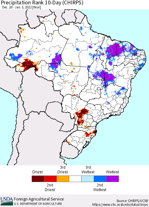 Brazil Precipitation Rank since 1981, 10-Day (CHIRPS) Thematic Map For 12/26/2021 - 1/5/2022