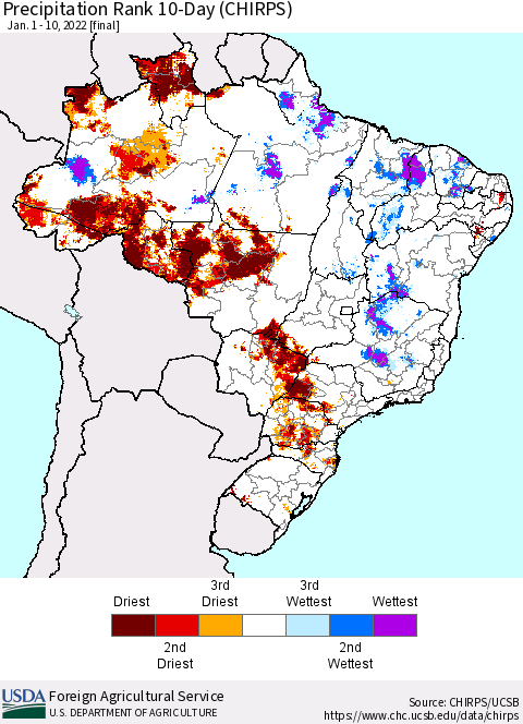 Brazil Precipitation Rank since 1981, 10-Day (CHIRPS) Thematic Map For 1/1/2022 - 1/10/2022