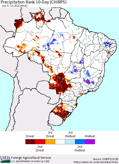 Brazil Precipitation Rank since 1981, 10-Day (CHIRPS) Thematic Map For 1/6/2022 - 1/15/2022