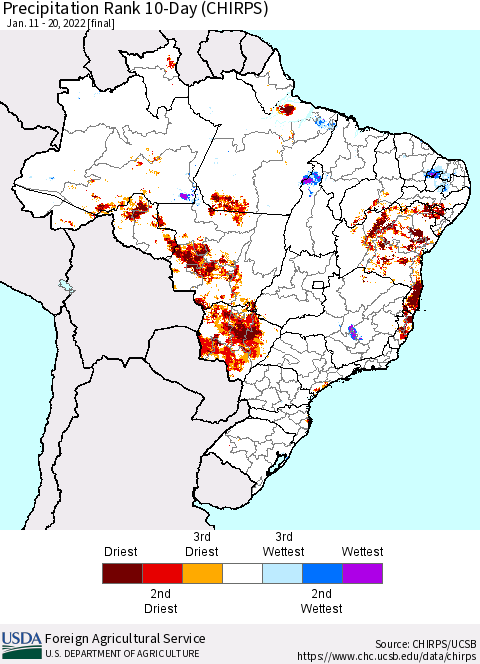 Brazil Precipitation Rank since 1981, 10-Day (CHIRPS) Thematic Map For 1/11/2022 - 1/20/2022