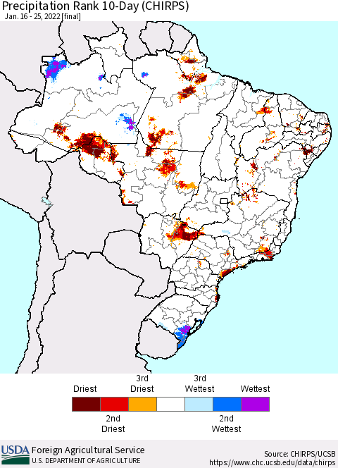 Brazil Precipitation Rank since 1981, 10-Day (CHIRPS) Thematic Map For 1/16/2022 - 1/25/2022