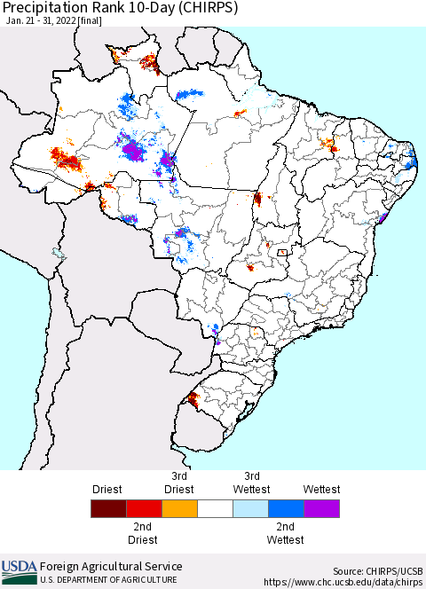 Brazil Precipitation Rank since 1981, 10-Day (CHIRPS) Thematic Map For 1/21/2022 - 1/31/2022