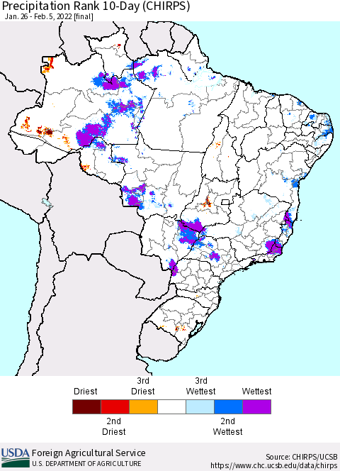 Brazil Precipitation Rank since 1981, 10-Day (CHIRPS) Thematic Map For 1/26/2022 - 2/5/2022