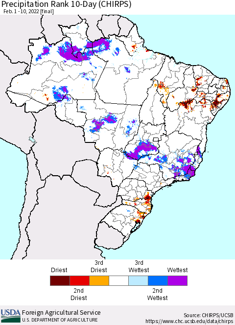 Brazil Precipitation Rank since 1981, 10-Day (CHIRPS) Thematic Map For 2/1/2022 - 2/10/2022