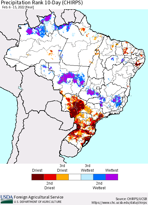 Brazil Precipitation Rank since 1981, 10-Day (CHIRPS) Thematic Map For 2/6/2022 - 2/15/2022