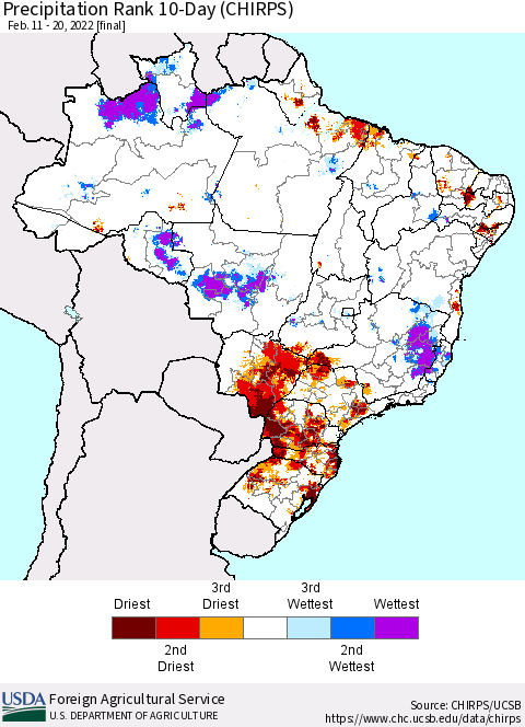 Brazil Precipitation Rank since 1981, 10-Day (CHIRPS) Thematic Map For 2/11/2022 - 2/20/2022