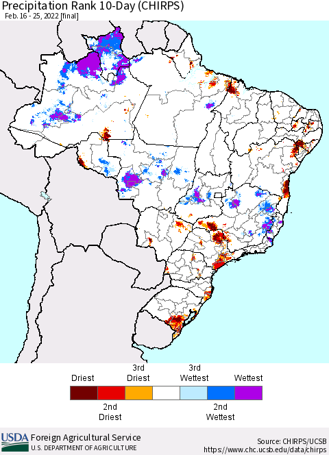 Brazil Precipitation Rank since 1981, 10-Day (CHIRPS) Thematic Map For 2/16/2022 - 2/25/2022