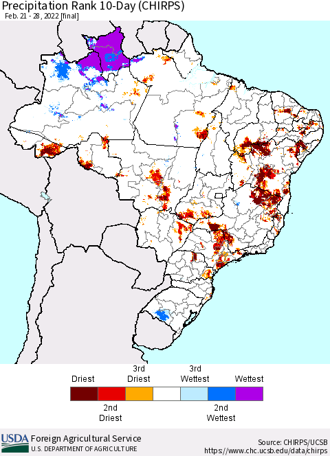 Brazil Precipitation Rank since 1981, 10-Day (CHIRPS) Thematic Map For 2/21/2022 - 2/28/2022