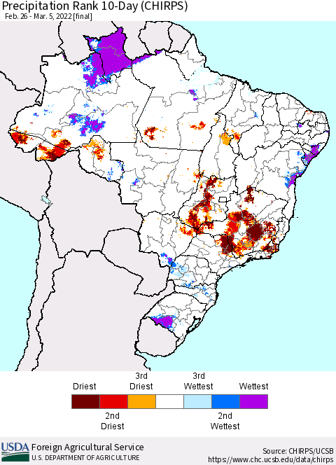 Brazil Precipitation Rank since 1981, 10-Day (CHIRPS) Thematic Map For 2/26/2022 - 3/5/2022