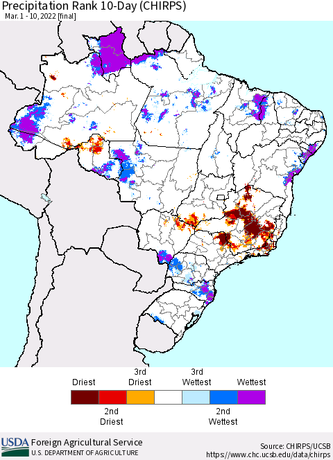 Brazil Precipitation Rank since 1981, 10-Day (CHIRPS) Thematic Map For 3/1/2022 - 3/10/2022