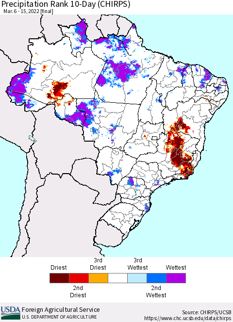 Brazil Precipitation Rank since 1981, 10-Day (CHIRPS) Thematic Map For 3/6/2022 - 3/15/2022