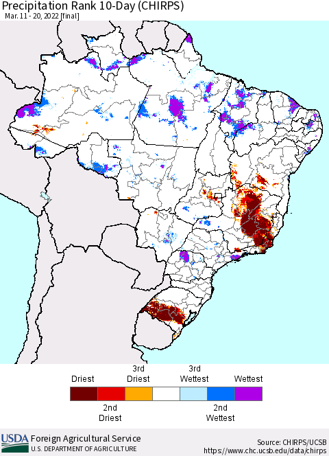 Brazil Precipitation Rank since 1981, 10-Day (CHIRPS) Thematic Map For 3/11/2022 - 3/20/2022