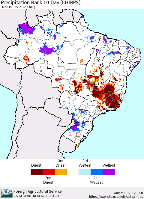Brazil Precipitation Rank since 1981, 10-Day (CHIRPS) Thematic Map For 3/16/2022 - 3/25/2022