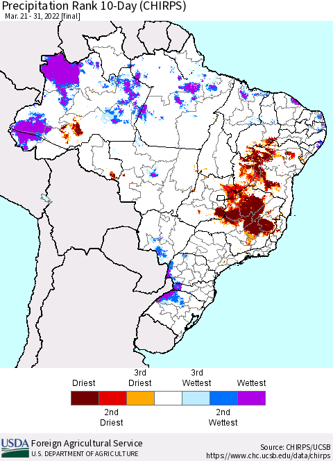 Brazil Precipitation Rank since 1981, 10-Day (CHIRPS) Thematic Map For 3/21/2022 - 3/31/2022