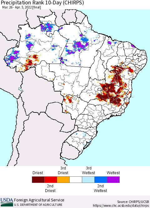 Brazil Precipitation Rank since 1981, 10-Day (CHIRPS) Thematic Map For 3/26/2022 - 4/5/2022