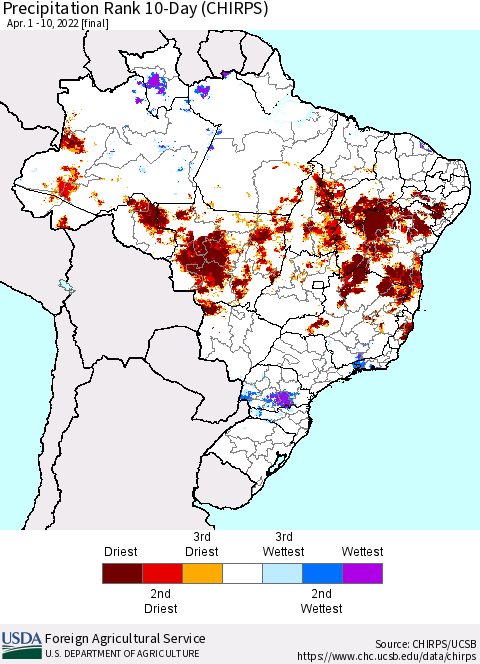 Brazil Precipitation Rank since 1981, 10-Day (CHIRPS) Thematic Map For 4/1/2022 - 4/10/2022