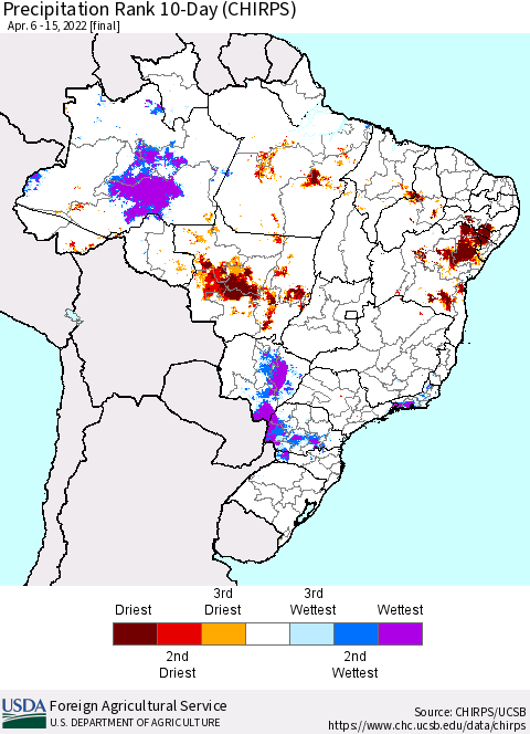 Brazil Precipitation Rank since 1981, 10-Day (CHIRPS) Thematic Map For 4/6/2022 - 4/15/2022